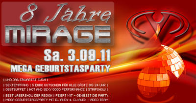 Party Flyer: 8 JAHRE MIRAGE am 03.09.2011 in Senden