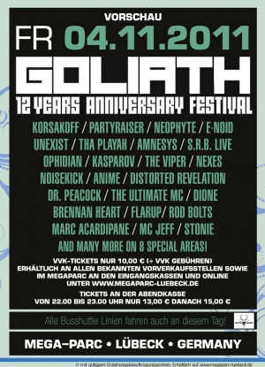 Party Flyer: GOLIATH - 12 Years Anniversary Festival am 04.11.2011 in Stockelsdorf