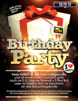 Party Flyer: Die I Love huGo's Birthday Party + NEUERFFNUNG "DER 2te RAUM" am 29.10.2011 in Ravensburg