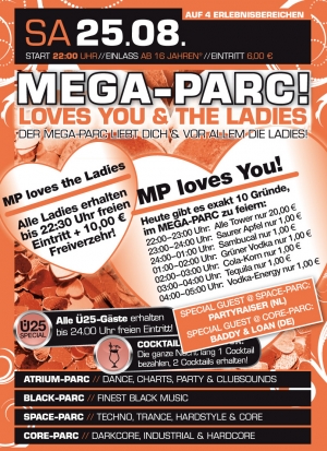 Party Flyer: MEGA-PARC loves you & the Ladies  am 25.08.2012 in Stockelsdorf