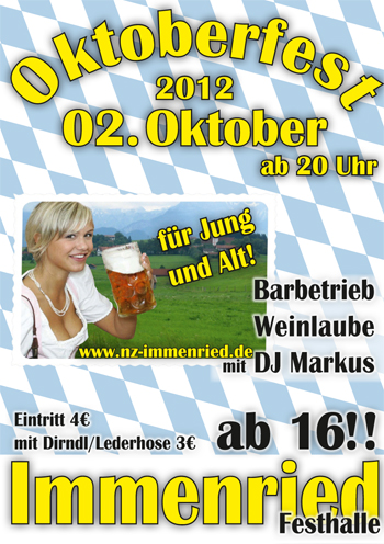 Party Flyer: Oktoberfest 2012 der Narrenzunft Immenried e.V. am 02.10.2012 in Kilegg