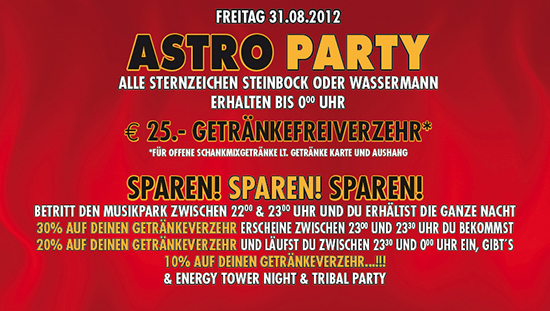 Party Flyer: Astro Party & Sparen! Sparen! Sparen! & Energy Tower Night am 31.08.2012 in Lbeck