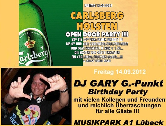Party Flyer: Carlsberg / Holsten Open Door Party & DJ Gary G.-Punkt Birthday Party & Energy Tower Night am 14.09.2012 in Lbeck