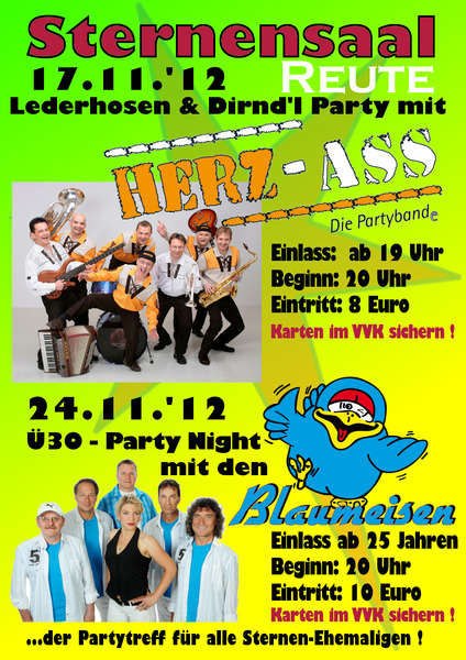 Party Flyer: STERNENSAAL REUTE prs. LEDERHOSEN & DIRND'L PARTY mit HERZ ASS am 17.11.2012 in Bad Waldsee