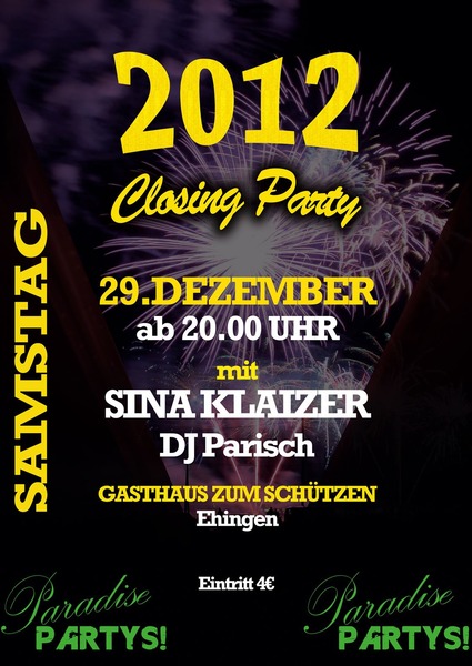 Party Flyer: Paradise 2012 Closing Party am 29.12.2012 in Ehingen a.d. Donau