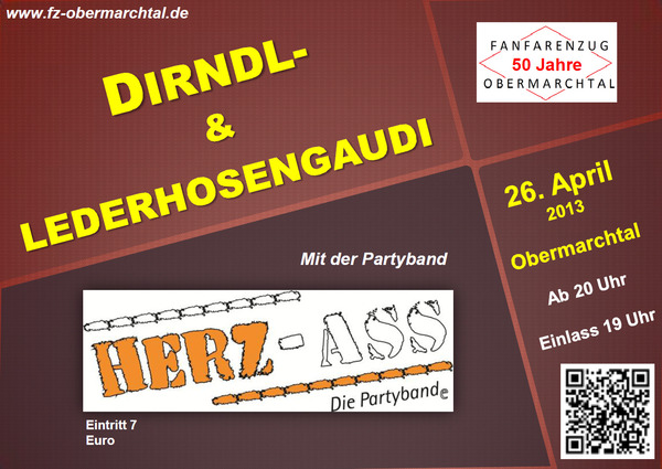 Party Flyer: Dirndl- und Lederhosengaudi mit HERZ ASS am 26.04.2013 in Obermarchtal