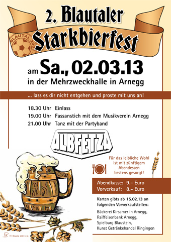 Party Flyer: ALBFETZA - 2. Blautaler Starkbierfest - in Arnegg ( UL ) am 02.03.2013 in Blaustein