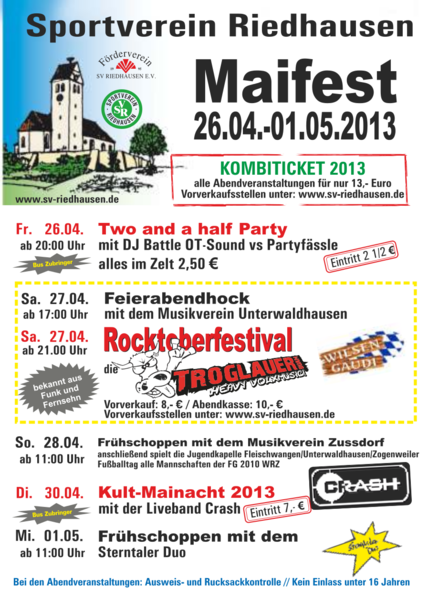 Party Flyer: Rocktoberfestival mit den Troglauer Buam am 27.04.2013 in Riedhausen