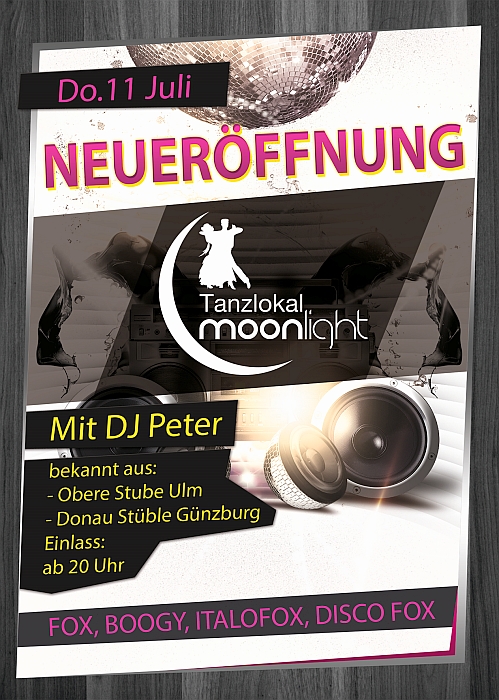 Party Flyer: Neuerffnung Tanzcafe Moonlight im Disco Park B30 am 11.07.2013 in Laupheim