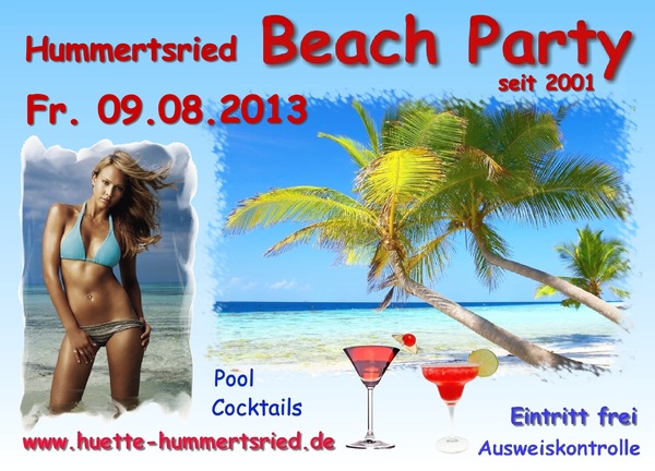 Party Flyer: Beach Party der Htte Hummertsried am 09.08.2013 in Eberhardzell