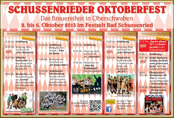 Party Flyer: SCHUSSENRIEDER Oktoberfest - Das Brauereifest in Oberschwaben, der Eintritt ist immer frei! am 04.10.2013 in Bad Schussenried