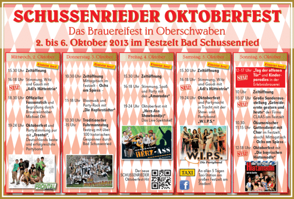 Party Flyer:  SCHUSSENRIEDER Oktoberfest - Das Brauereifest in Oberschwaben an allen Tagen Eintritt frei! am 03.10.2013 in Bad Schussenried