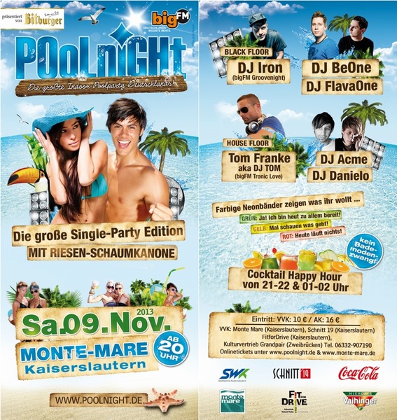 Party Flyer: Poolnight: Die groe Single-Party EDITION mit Riesen Schaumkanone am 09.11.2013 in Kaiserslautern