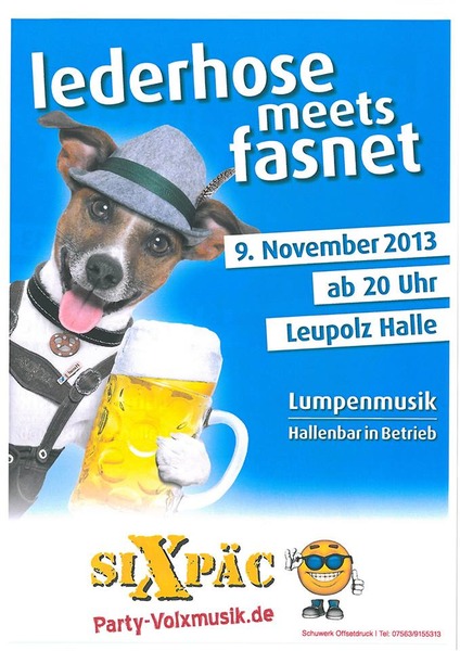Party Flyer: Lederhose meets Fasnet - Narrenzunft Leupolz am 09.11.2013 in Wangen im Allgu