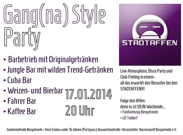 Party Flyer: Gang (na) Style Party am 17.01.2014 in Bergatreute