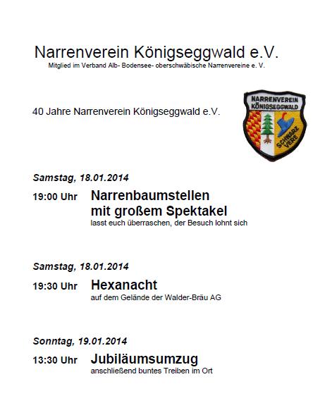 Party Flyer: Groer Jubilumsumzug des NV Knigseggwald am 19.01.2014 in Knigseggwald