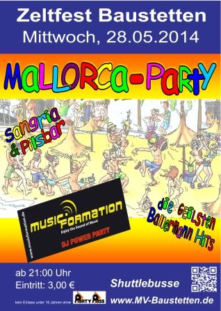 Party Flyer: MALLORCA-PARTY @ Baustetten am 28.05.2014 in Laupheim