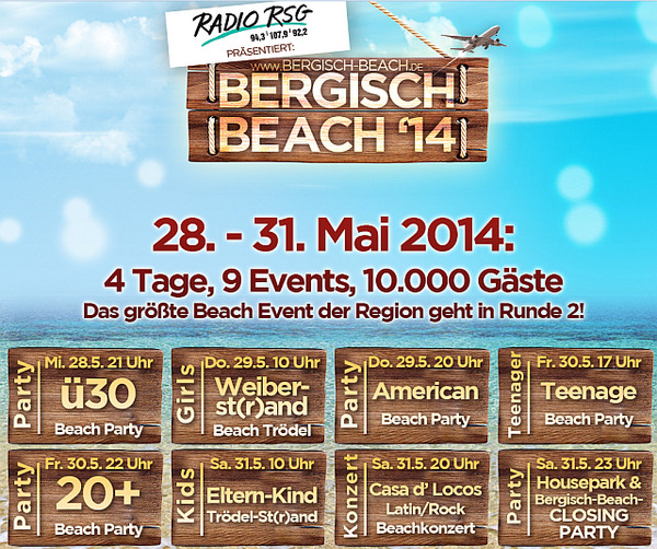 Party Flyer: Radio RSG presents: Bergisch Beach (Alte Schlossfabrik) 28.05. - 31.05.2014 am 31.05.2014 in Solingen
