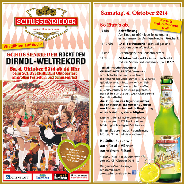Party Flyer: SCHUSSENRIEDER Oktoberfest mit groem Dirndl-Weltrekord-Versuch am 04.10.2014 in Bad Schussenried