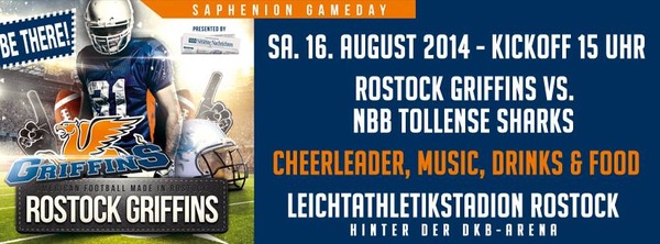 Party Flyer: Nachholspiel: Rostock Griffins vs. Neubrandenburg Tollense Sharks am 16.08.2014 in Rostock
