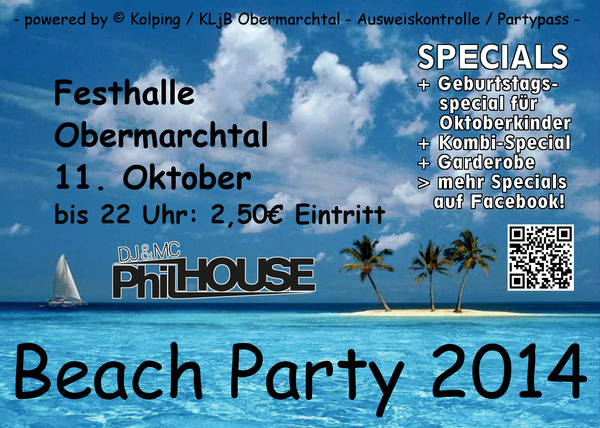 Party Flyer:  !! Beach Party 2014 in Obermarchtal !! am 11.10.2014 in Obermarchtal