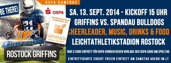 Party Flyer: Rostock Griffins vs. Spandau Bulldogs am 13.09.2014 in Rostock