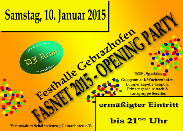 Party Flyer: Fasnet 2015 Opening Party am 10.01.2015 in Leutkirch im Allgu