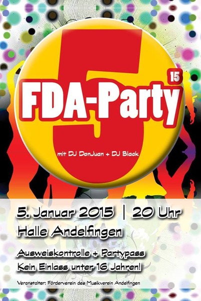 Party Flyer: 15. FDA-Party Andelfingen am 05.01.2015 in Langenenslingen