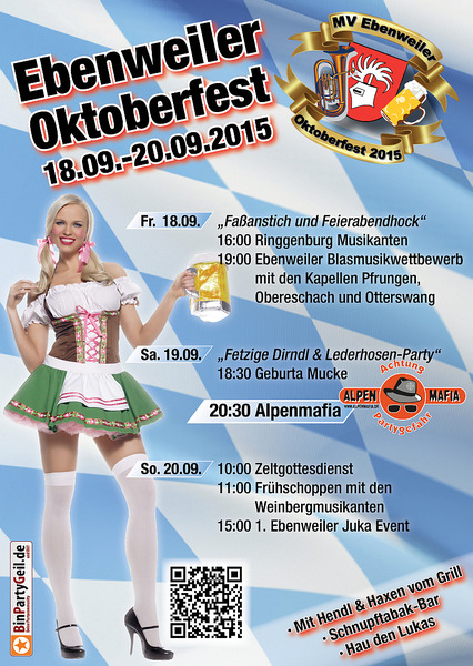 Party Flyer: Ebenweiler Oktoberfest 18.09. bis 20.09.2015 - MVE am 19.09.2015 in Ebenweiler