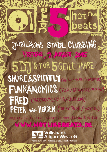 Party Flyer: hot like beats - Jubilums Clubbing am 07.08.2015 in Wangen im Allgu