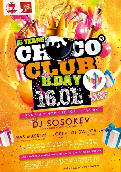 Party Flyer:  15 Years CHOCO CLUB B-Day  am 16.01.2016 in Rostock