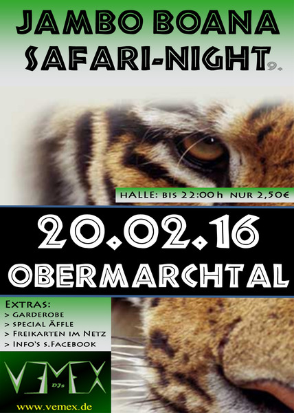 Party Flyer: Jambo Boana Safari Night  am 20.02.2016 in Obermarchtal