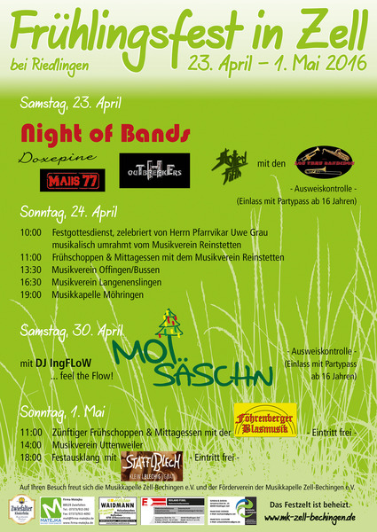 Party Flyer: NIGHT of BANDS im Festzelt in Zell, bei Riedlingen am 23.04.2016 in Riedlingen