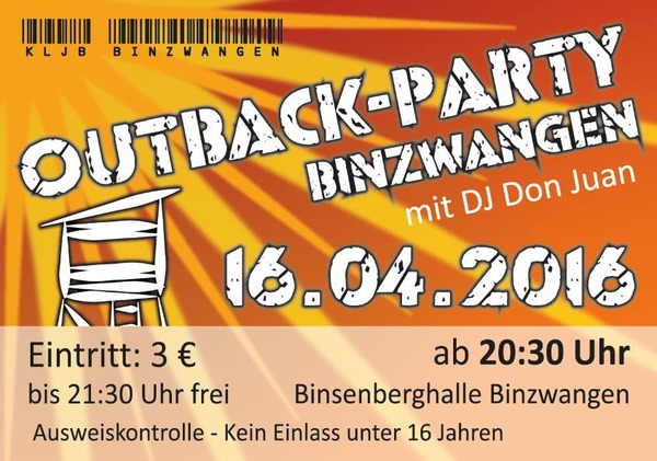 Party Flyer: 11. Outback-Party in Binzwangen! am 16.04.2016 in Ertingen