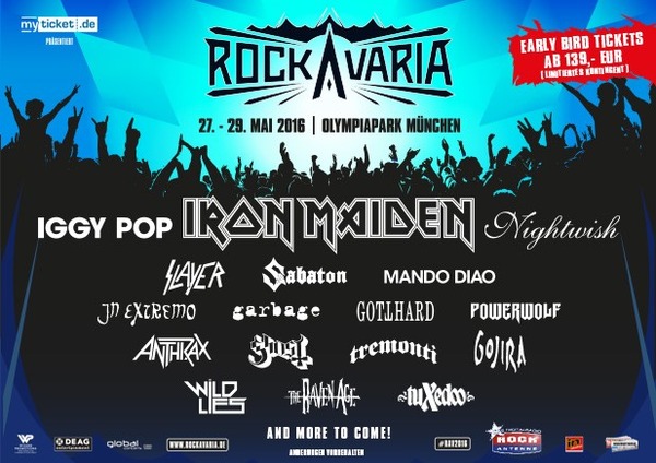Party Flyer: ROCKAVARIA Mnchen 2016 #RAV2016 mit Iron Maiden, Nightwish & Iggy Pop am 29.05.2016 in Mnchen