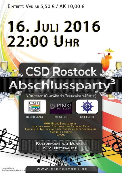 Party Flyer: CSD Rostock - Abschlussparty 2016 am 16.07.2016 in Rostock