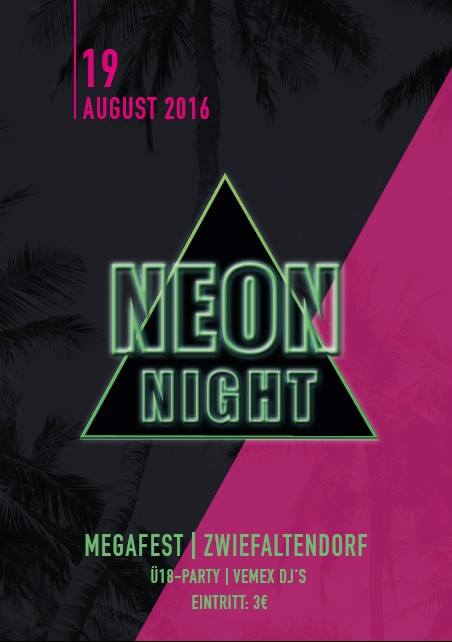 Party Flyer: Neon Night - Megafest am 19.08.2016 in Riedlingen