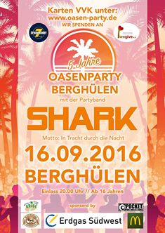 Party Flyer: OasenParty mit II SHARK II 16.9.2016 in Tracht durch die Nacht am 16.09.2016 in Berghlen