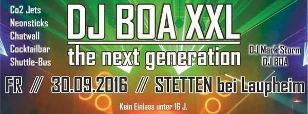 Party Flyer: DJ BOA XXL PARTY - Stetten bei Laupheim am 30.09.2016 in Achstetten