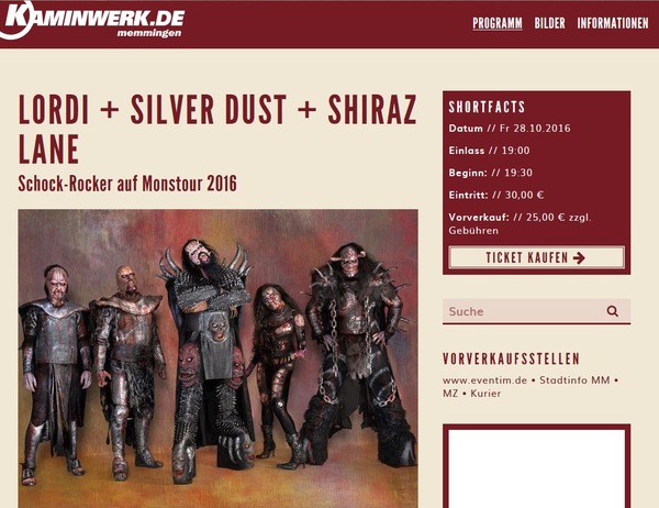 Party Flyer: Lordi + Silver Dust + Shiraz Lane am 28.10.2016 in Memmingen