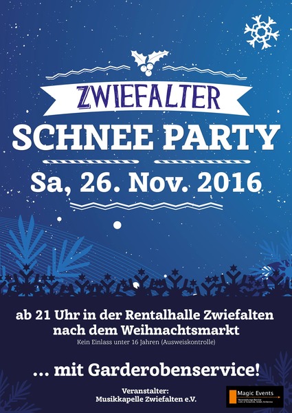 Party Flyer: Schneeparty Zwiefalten 2016 am 26.11.2016 in Zwiefalten