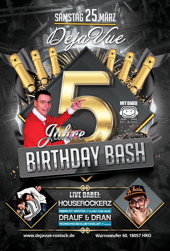 Party Flyer: Mega Birthday - 5 Jahre Dejavue am 25.03.2017 in Rostock