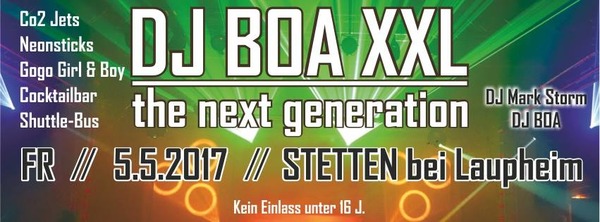 Party Flyer: DJ BOA XXL PARTY - Stetten bei Laupheim am 05.05.2017 in Achstetten
