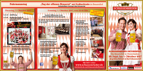 Party Flyer: Schussenrieder Oktoberfest - Das Brauereifest in Oberschwaben vom 29.9.-3.10.2017 am 03.10.2017 in Bad Schussenried