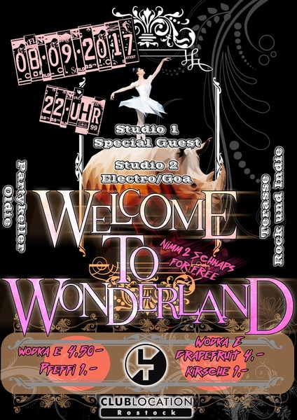 Party Flyer: Welcome to Wonderland | 43. LT-Clubgeburtstag am 08.09.2017 in Rostock