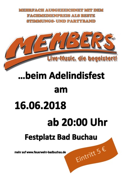Party Flyer: Adelindisfest 2018 Samstag im Festzelt "Schowbande  "MEMBERS" am 16.06.2018 in Bad Buchau