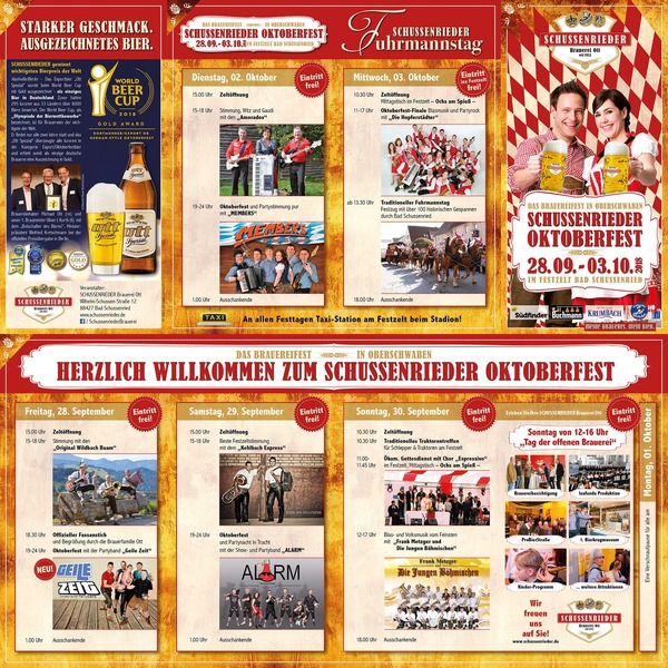 Party Flyer: Schussenrieder Oktoberfest - Das Brauereifest in Oberschwaben vom 28.9.-3.10.2018 am 28.09.2018 in Bad Schussenried