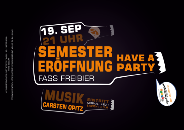 Party Flyer: Semestererffnungsparty am 19.09.2018 in Wismar