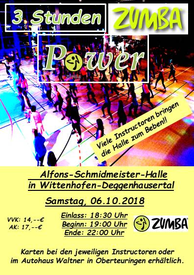 Party Flyer: Zumba Fitness Party in Halle Wittenhofen-Deggenhausertal, ZumbaPower 4 am 06.10.2018 in Deggenhausertal