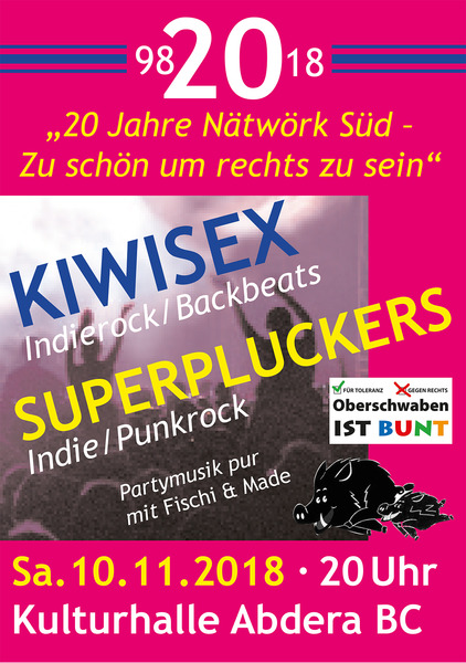 Party Flyer: Doppelkonzert mit KIWISEX und SUPERPLUCKERS am 10.11.2018 in Biberach an der Ri